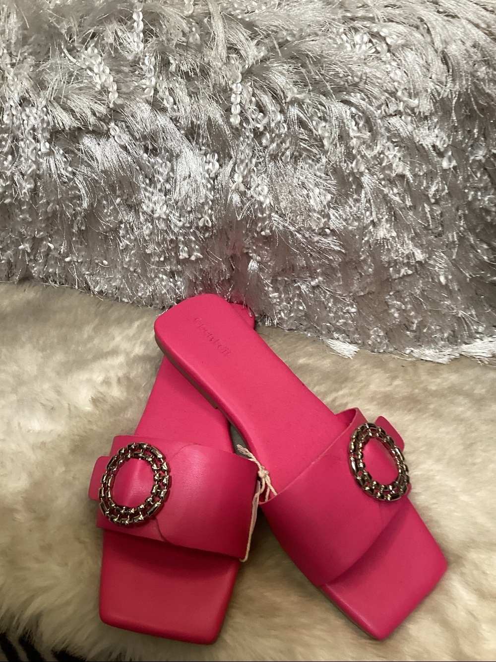 Hot Pink Square-Toe Slide Sandals with Chain Accent. Open edit slide.  Sweet